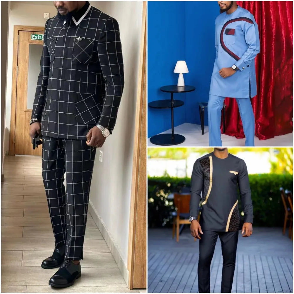 New in Africa Luxury Full Set Men's Suit Black Striped Single Breasted Blazer and Pants Set 2 Piece Wedding Business Men's Suit