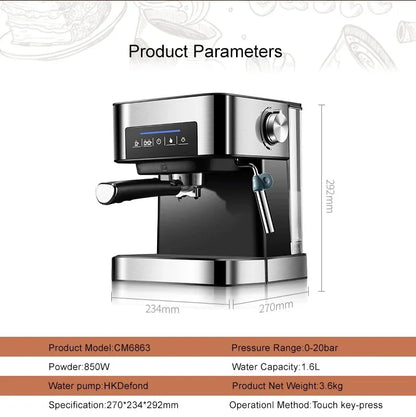 20 Bar Espresso Coffee Machine Maker Semi-Automatic Pump With Cappuccino Milk Bubble Maker Italian Coffee Maker