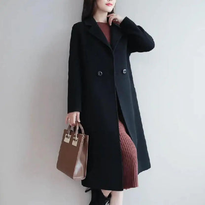 Solid Color Woolen Coat Stylish Women's Woolen Coat Lapel Long Sleeve Two Buttons Pockets Autumn/winter Fashion Outerwear for A