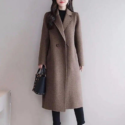 Solid Color Woolen Coat Stylish Women's Woolen Coat Lapel Long Sleeve Two Buttons Pockets Autumn/winter Fashion Outerwear for A