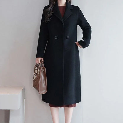 Women Elegant Long Wool Coat Blue Classic Korean Woolen Overcoat Warmness Outwear Autumn Winter Single Button Fashion Women