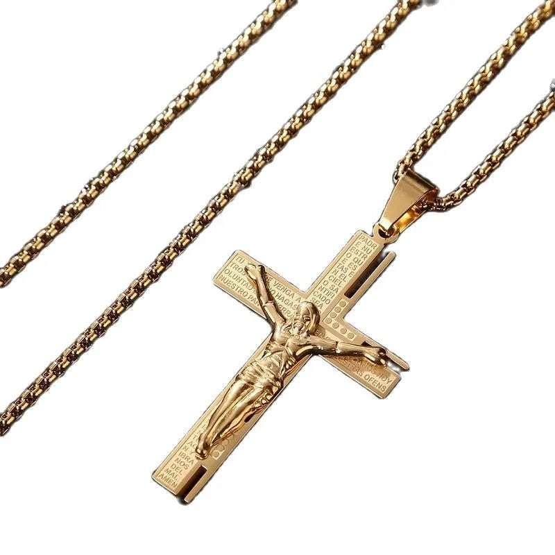 Christian Jesus Crucifix Men Necklace Gold Plated Cross Religious Pendant Necklace with Chain