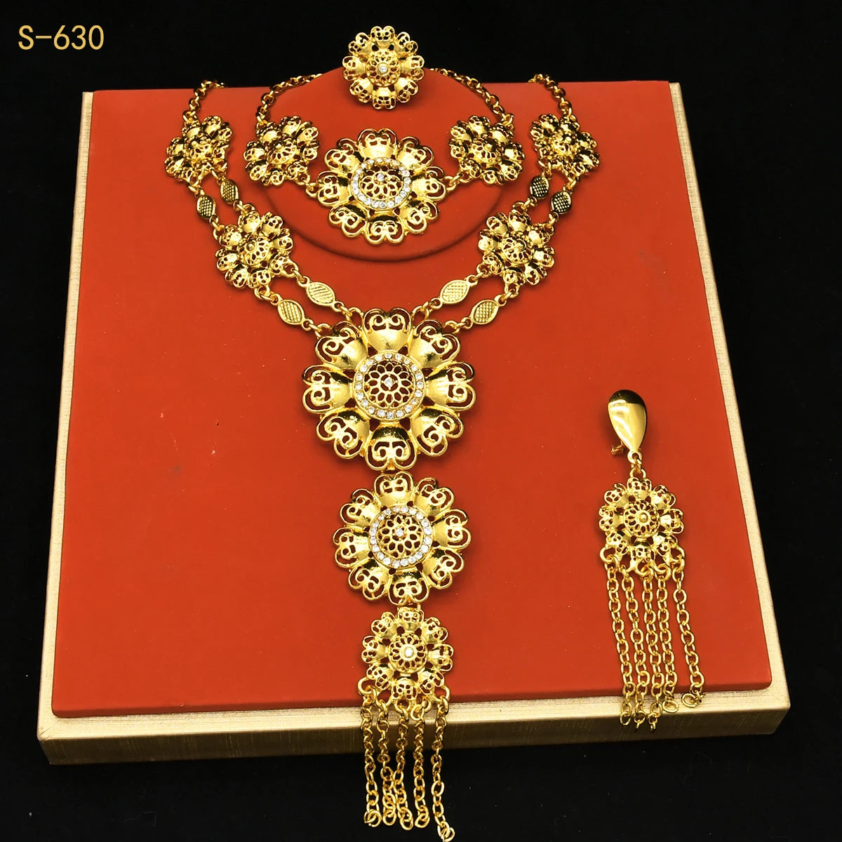 XuHuang Africa Dubai Flowers Long Gold Plated Jewelry Sets For Lady Engagement Nigerian 4Pcs Jewellery Set Wholesale New Gifts