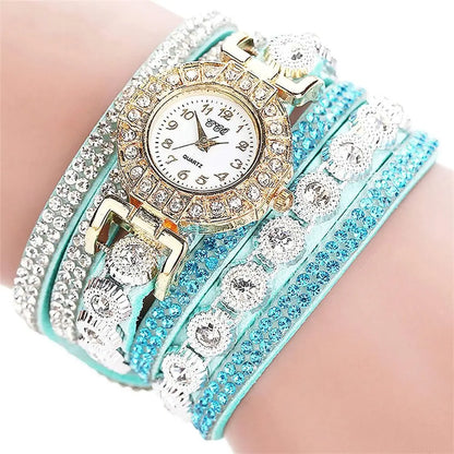 Quartz Round Watch Fashion Alloy With Diamond Bracelet Watches PU Leather Quartz Wrist Watches Women