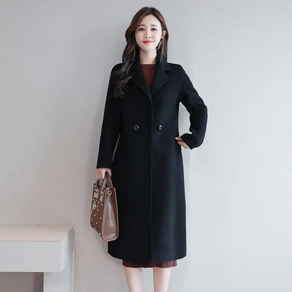 Stylish Lady Coat Double Buttons Warm Mid-calf Length Midi Length Lady Coat