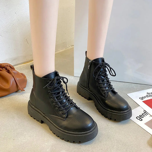 Plus Size 41 Women Motorcycle Ankle Boots Wedges Female Lace Up Platforms Black Leather Oxford Shoes Woman 2023 Botas Mujer