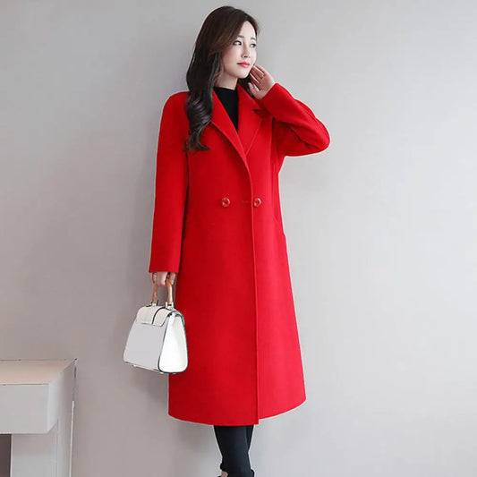 Stylish Lady Coat Double Buttons Warm Mid-calf Length Midi Length Lady Coat