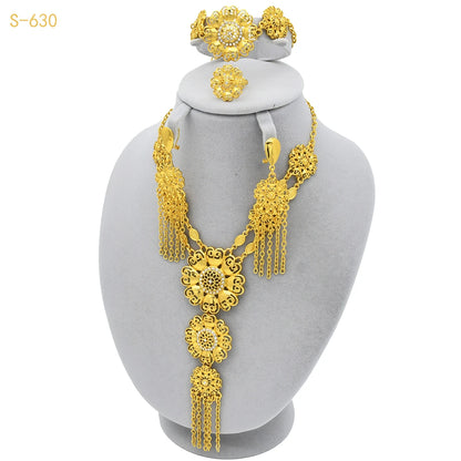 XuHuang Africa Dubai Flowers Long Gold Plated Jewelry Sets For Lady Engagement Nigerian 4Pcs Jewellery Set Wholesale New Gifts