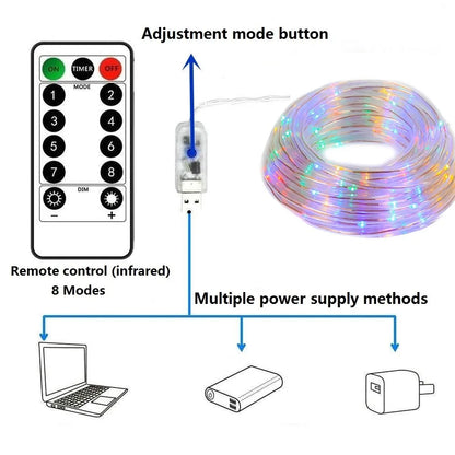 USB Telecontrol Lighting Strings 100/200LEDs 8Modes Outdoor Tube RGB Garden Decortion Christmas For Wedding Party Holiday Lights