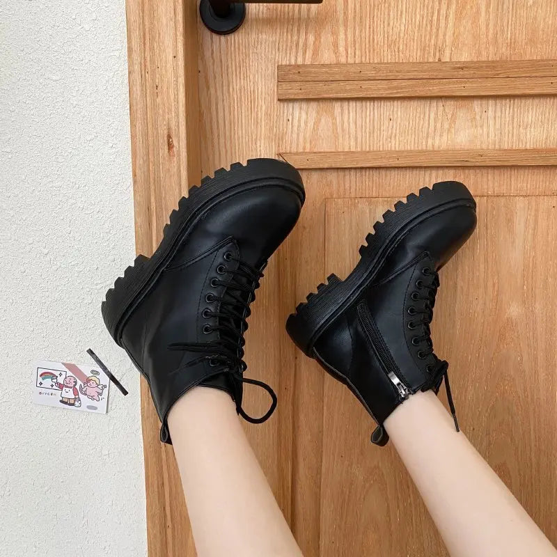 Plus Size 41 Women Motorcycle Ankle Boots Wedges Female Lace Up Platforms Black Leather Oxford Shoes Woman 2023 Botas Mujer