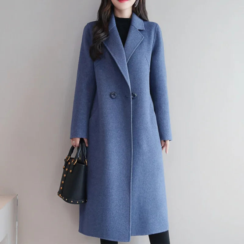 Women Elegant Long Wool Coat Blue Classic Korean Woolen Overcoat Warmness Outwear Autumn Winter Single Button Fashion Women