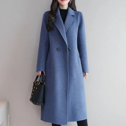 Women Elegant Long Wool Coat Blue Classic Korean Woolen Overcoat Warmness Outwear Autumn Winter Single Button Fashion Women