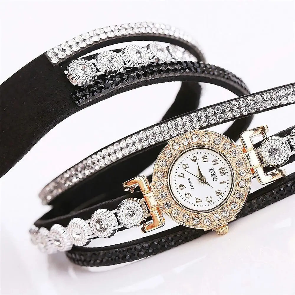 Quartz Round Watch Fashion Alloy With Diamond Bracelet Watches PU Leather Quartz Wrist Watches Women