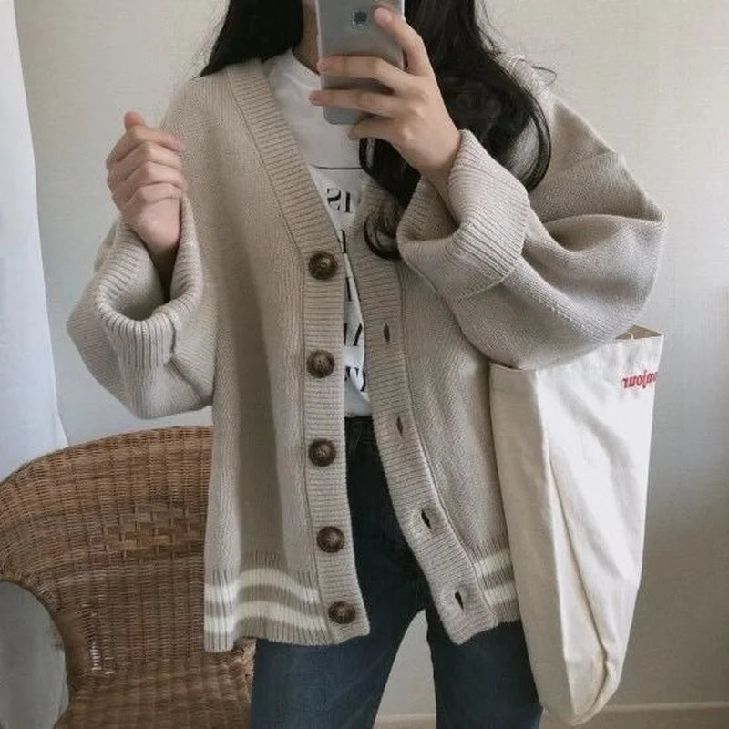 Cardigan Women Autumn Vintage Loose V-neck All-match Knitted Sweater Chic Patchwork Warm Outerwear Soft Simple Fashion Female