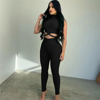 Woman 2pcs Rib Suit Solid Color Sleeveless High Neck Hollow out Crop Tank +Tight Legging Tracksuit 2Color S-L