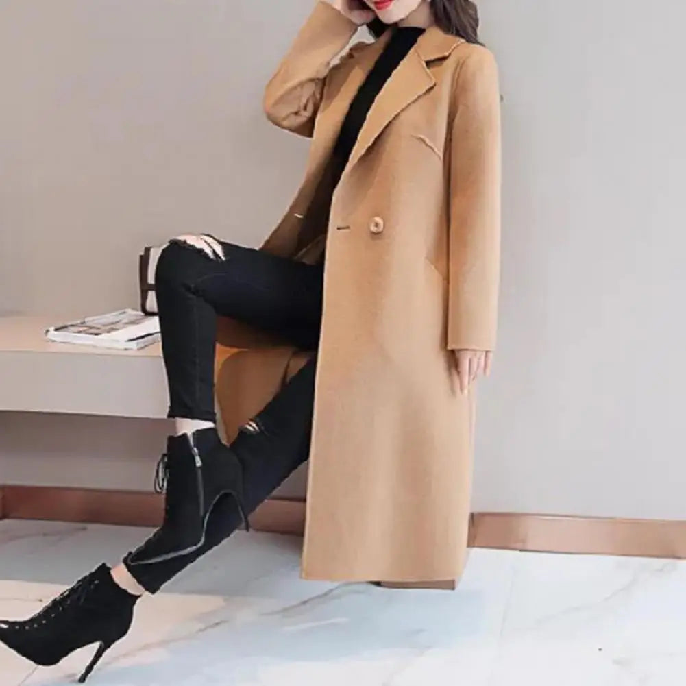 Solid Color Woolen Coat Stylish Women's Woolen Coat Lapel Long Sleeve Two Buttons Pockets Autumn/winter Fashion Outerwear for A