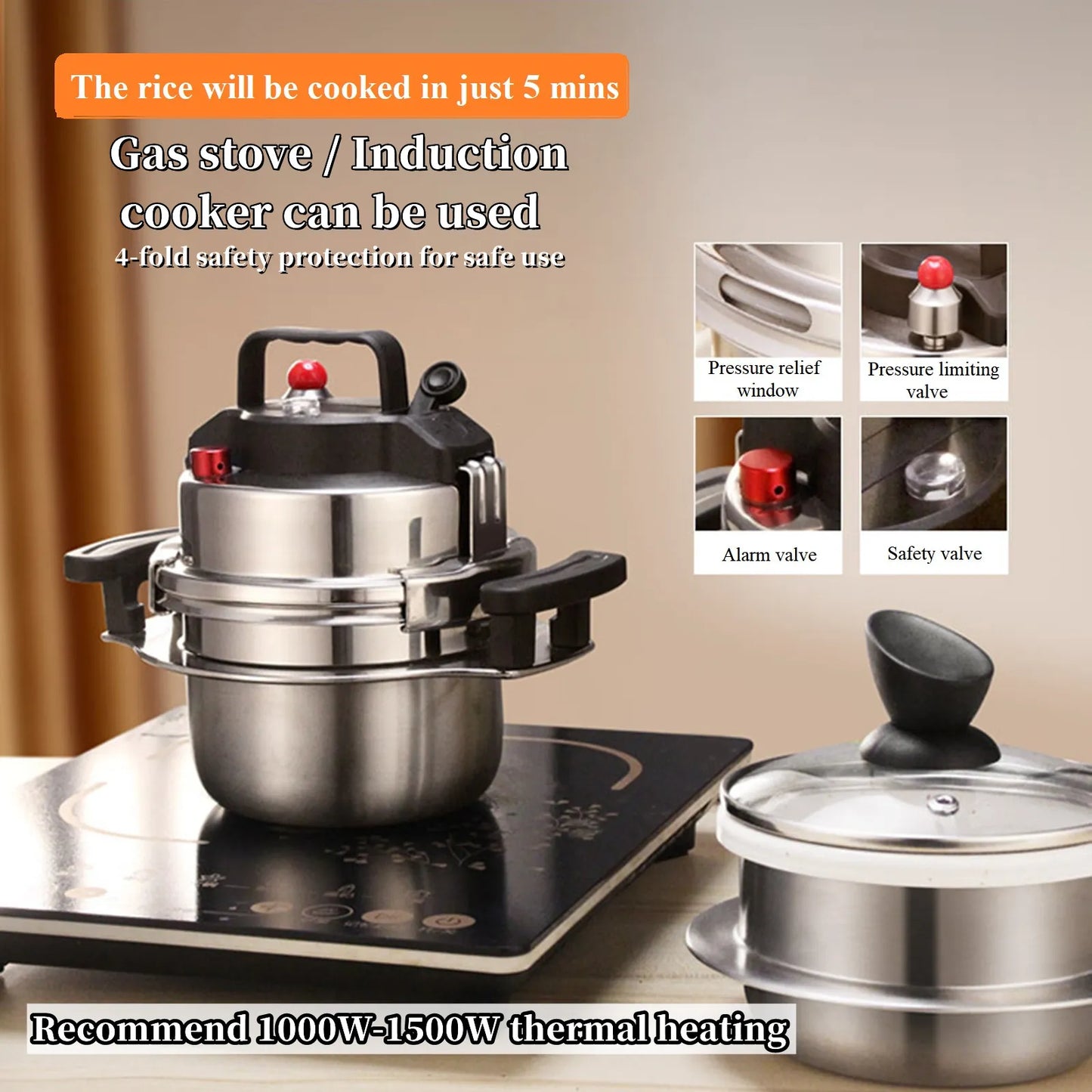 2L 304 Stainless Steel Outdoor Camping Portable Micro Pressure Cooker w/Handle Household Mini Pressure Cooker 5-mins Quick Cook