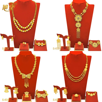 XuHuang Africa Dubai Flowers Long Gold Plated Jewelry Sets For Lady Engagement Nigerian 4Pcs Jewellery Set Wholesale New Gifts