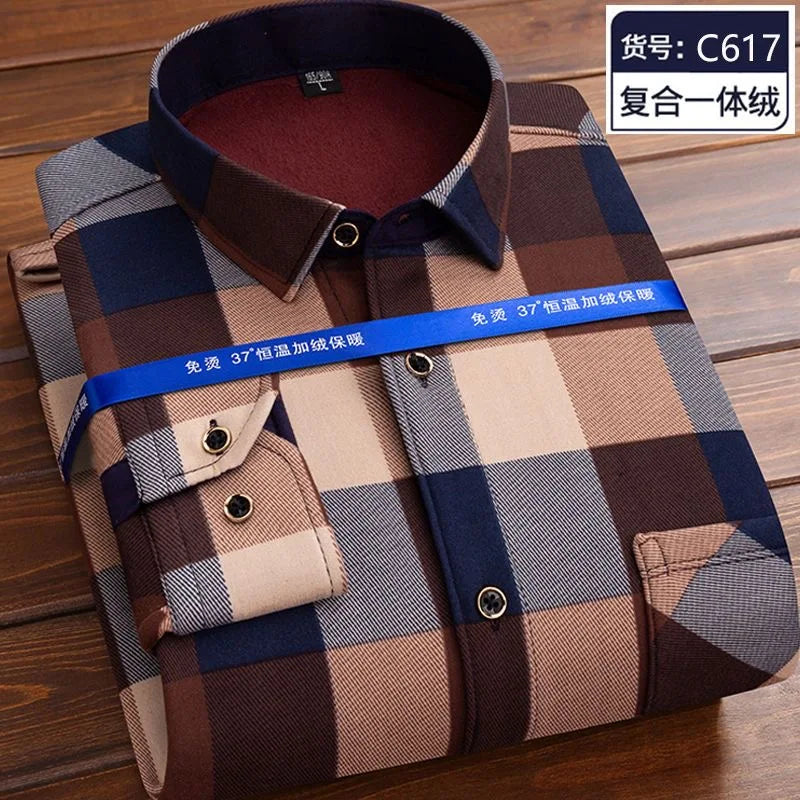 2023 Autumn and Winter New Fashion Trend Plus Fleece Plaid Long-Sleeved Shirt Men's Casual Loose Comfortable Warm Shirt M-5XL