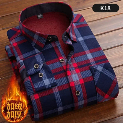 2023 Autumn/Winter New Men's Fashion Long Sleeve Plaid Shirt Fleece and Thick Warm Men's Casual High Quality Large Size Shirt