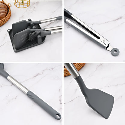 New Grey Kitchen Cookware Silicone Kitchenware Non-stick Cooking Tool Spatula Ladle Egg Beaters Shovel Spoon Soup Utensils Set