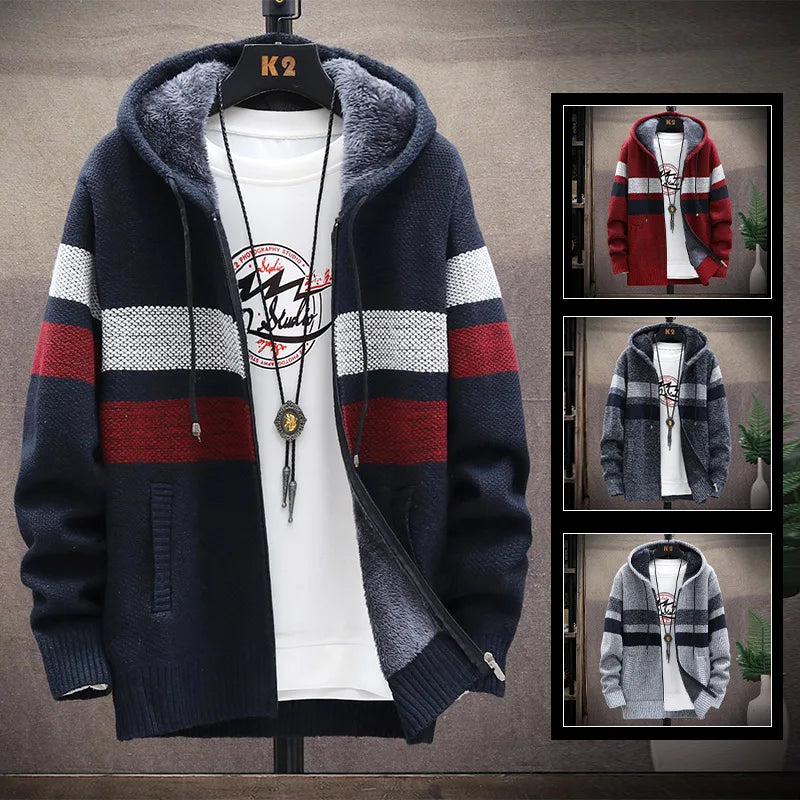 Men's Striped Cardigan Autumn Winter Sweater Hooded Faux Fur Wool Warm Casual Plus Size Jumper Knit Fashion Long Sleeve Jacket