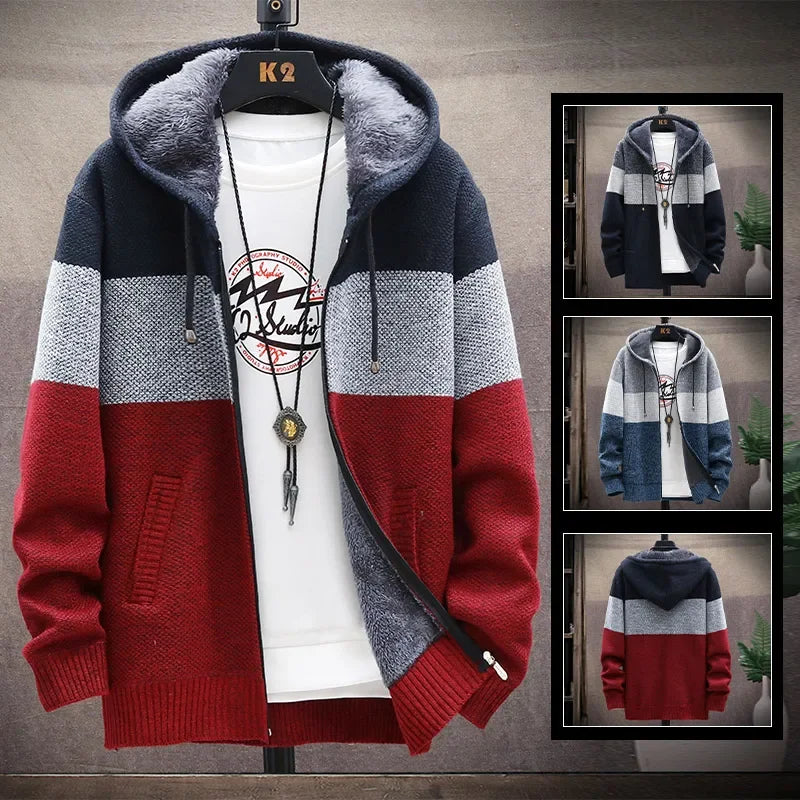 Men's Knit Sweater Fleece Coat Striped Jackets Fashion Hoodies Winter Autumn Thick Warm Windbreaker Pullovers Male Clothing