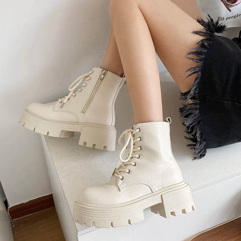 Round Toe Zipper Rock Shoes Woman Flat Heel Lolita Boots  Winter Footwear Boots-Women Ladies Autumn 2024 Med Ankle PU PVC Fabric