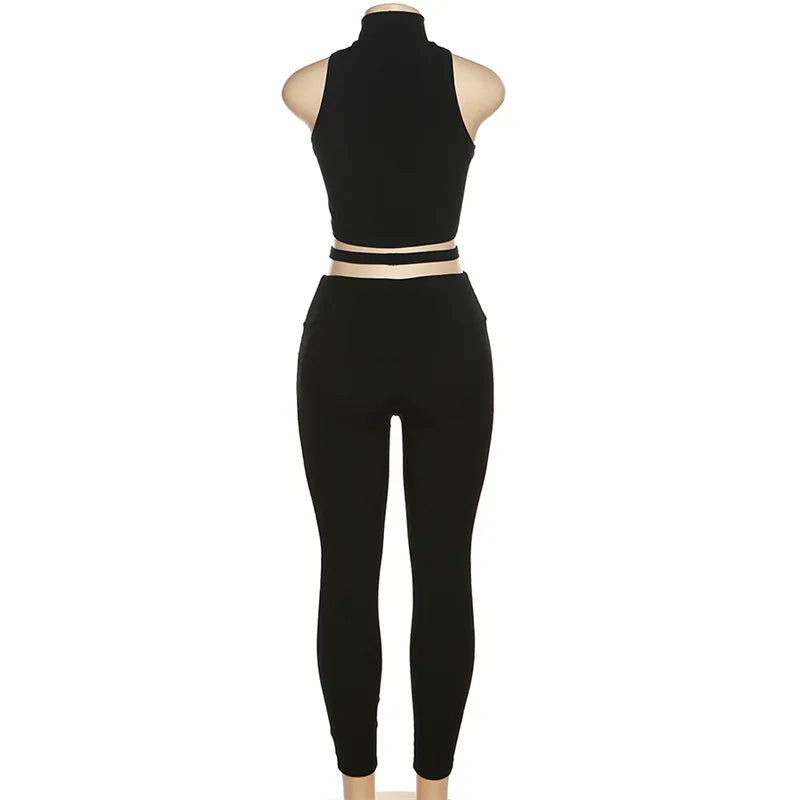 Woman 2pcs Rib Suit Solid Color Sleeveless High Neck Hollow out Crop Tank +Tight Legging Tracksuit 2Color S-L