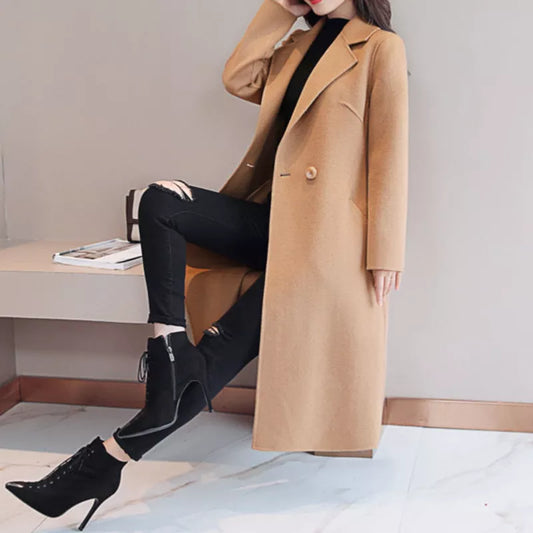 Women Elegant Long Wool Coat Blue Classic Korean Woolen Overcoat Warmness Outwear Autumn Winter Single Button Fashion Women