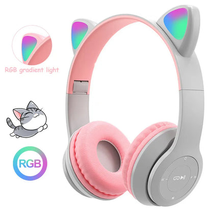 Flash Light Cute Cat Ear Headphones Wireless with Mic Can close LED Kids Girl Stereo Phone Music Bluetooth Headset Gamer