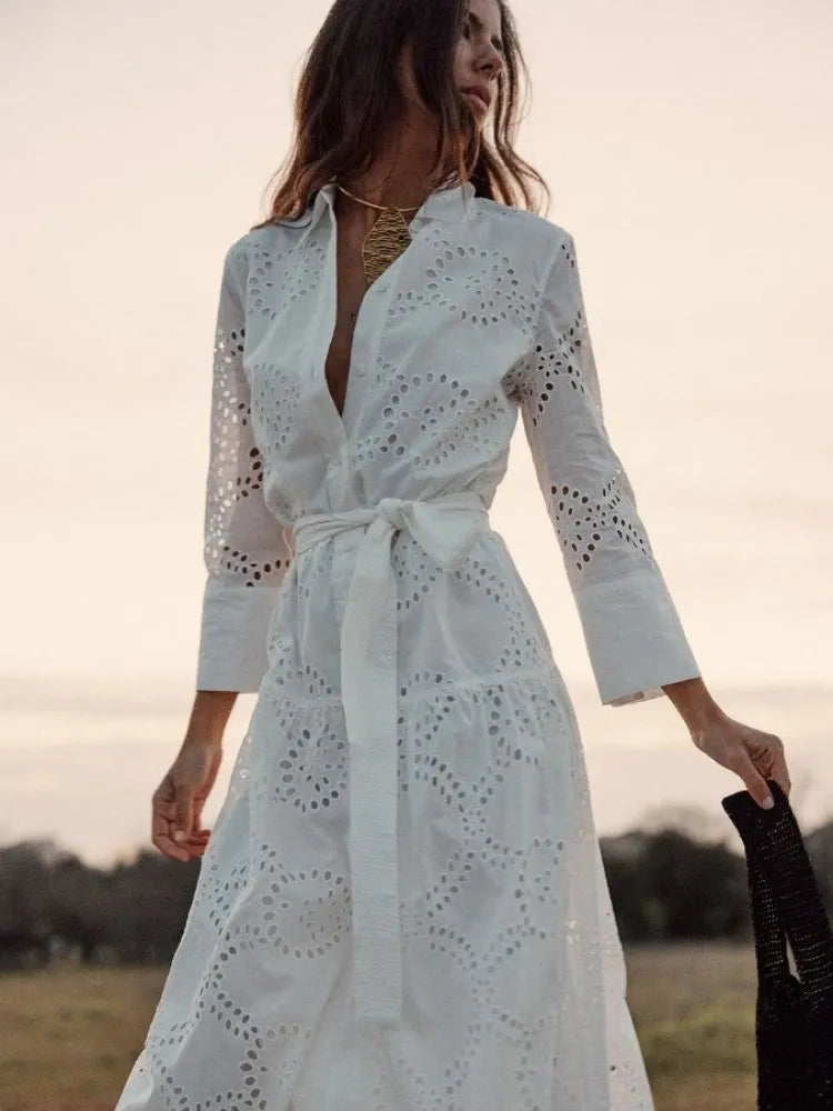 Elegant Embroidered Women's Midi Dress Chic Lapel Long Sleeve High Waist Lace Up Dresses 2023 Fashion Female Solid Vestidos