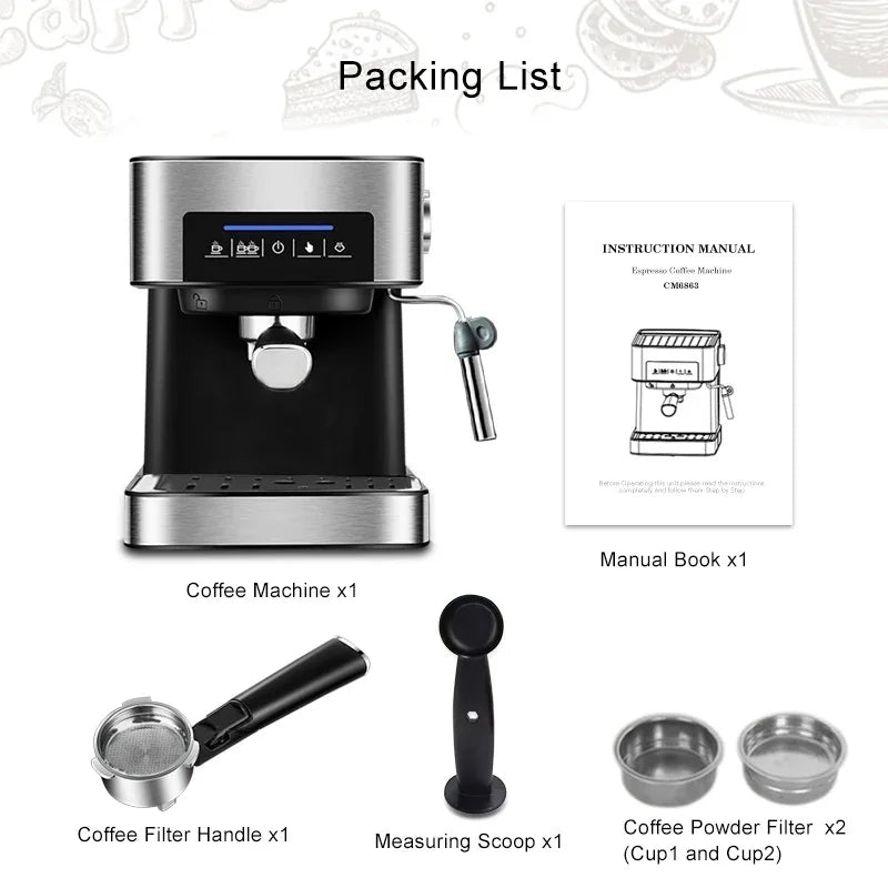 20 Bar Espresso Coffee Machine Maker Semi-Automatic Pump With Cappuccino Milk Bubble Maker Italian Coffee Maker