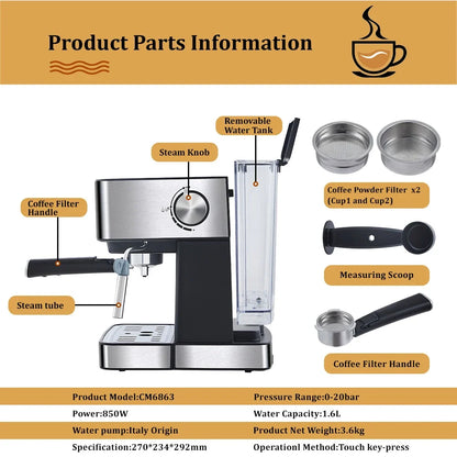 20 Bar Italian Type Espresso Coffee Maker Machine with Milk Frother Wand for Espresso Cappuccino Latte and Mocha