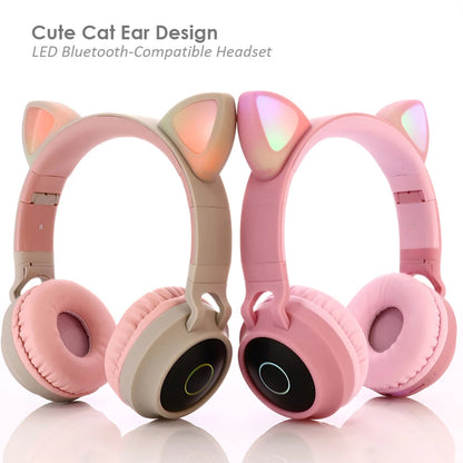 Cute Cat Ear Headset LED Wireless Bluetooth-Compatible Headphones with Mic Glowing Earphones for Children Gifts daughters girls