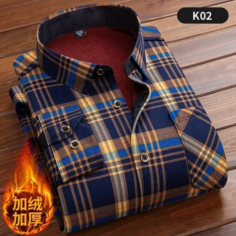 2023 Autumn/Winter New Men's Fashion Long Sleeve Plaid Shirt Fleece and Thick Warm Men's Casual High Quality Large Size Shirt