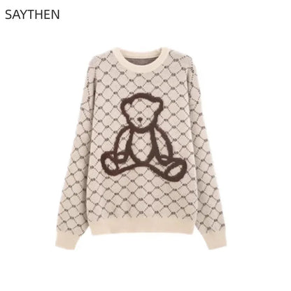 SAYTHEN Autumn and Winter New Casual Vintage Style Little Bear Pattern Round Neck Pullover Cute Sweater ST231018