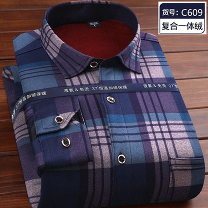 2023 Autumn and Winter New Fashion Trend Plus Fleece Plaid Long-Sleeved Shirt Men's Casual Loose Comfortable Warm Shirt M-5XL