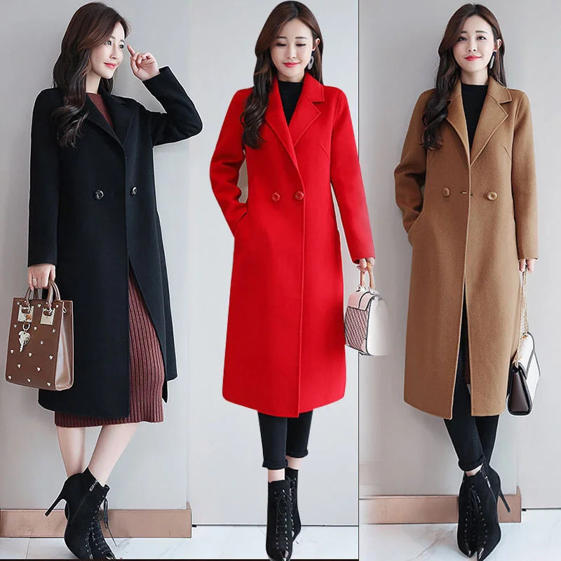 Women Elegant Long Wool Coat Blue Classic Korean Woolen Overcoat Warmness Outwear Autumn Winter Single Button Fashion Women