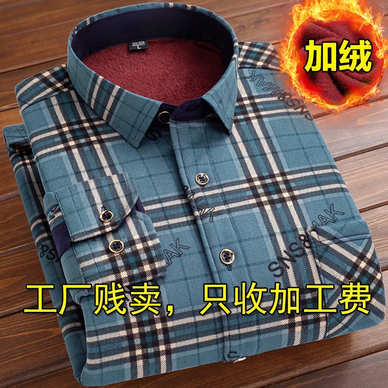 2023 Autumn and Winter New Fashion Trend Plus Fleece Plaid Long-Sleeved Shirt Men's Casual Loose Comfortable Warm Shirt M-5XL