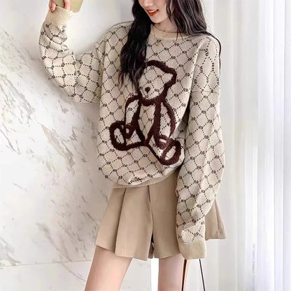 SAYTHEN Autumn and Winter New Casual Vintage Style Little Bear Pattern Round Neck Pullover Cute Sweater ST231018