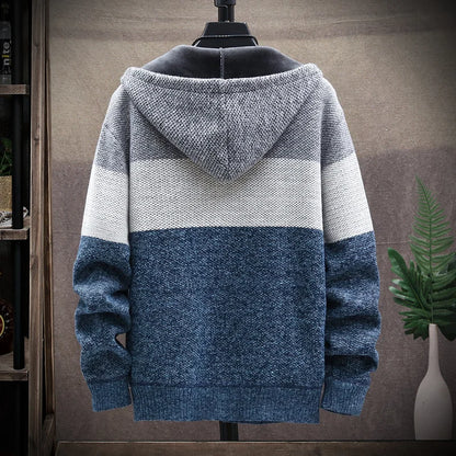 2023 Autumn Korean style Hooded Men's Sweater mens Thick and Velvet Men Cardigan Knitted Sweater Coat Stripe Jacket Male M-4XL