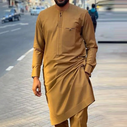 Kaftan Men's Suit Solid Pocket Top Shirt Trousers African Ethnic Casual Style 2 Piece Set Outfits Traditional Wear Male Clothing