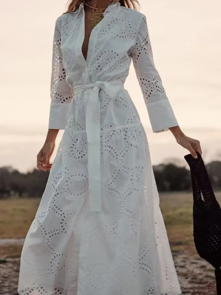 Summer Shirt Dress Women Button Up Midi Dress Female Lapel Long Sleeve Elegant Dress Female Hollow Out White Dress With Belt