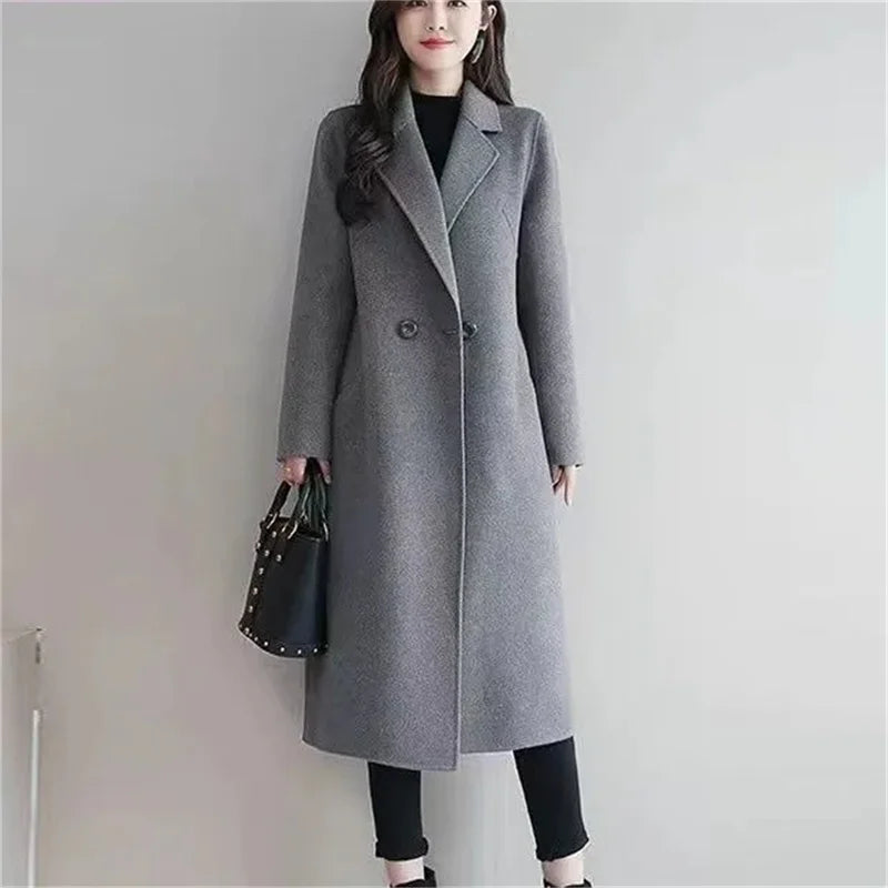 Fashion Female 2023 Autumn Winter New All-match Tie Suit Collar Woolen Handmad Women Mid-length Temperament Woolen Coat Women