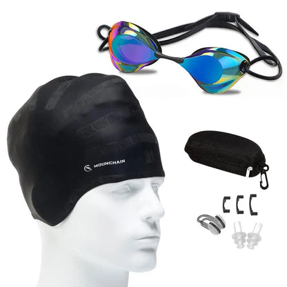 Outdoor Swimming Cap Swimming Goggles Set Silicone Swim Cap Anti Fog UV Protective Goggles (Nose Clip Ear Plugs Sets Included)