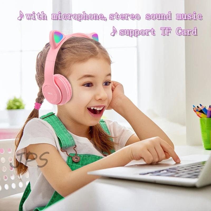 Flash Light Cute Cat Ear Headphones Wireless with Mic Can close LED Kids Girl Stereo Phone Music Bluetooth Headset Gamer