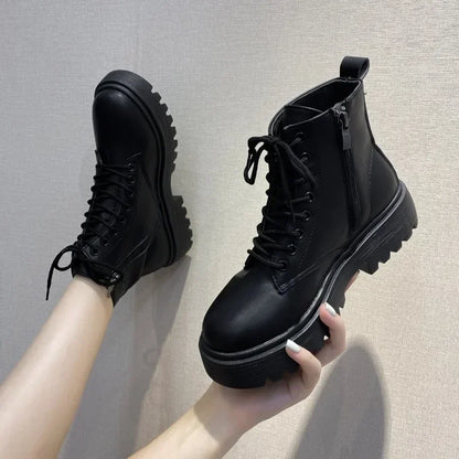 2023 Brand Shoes Female Winter Women's Boots Classics Ankle Boots Women Solid Side Zip Round Toe Lace Up Square Heel Shoes Women