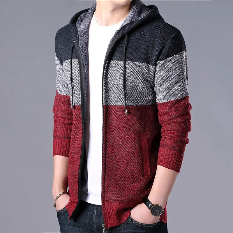 2023 Autumn Korean style Hooded Men's Sweater mens Thick and Velvet Men Cardigan Knitted Sweater Coat Stripe Jacket Male M-4XL