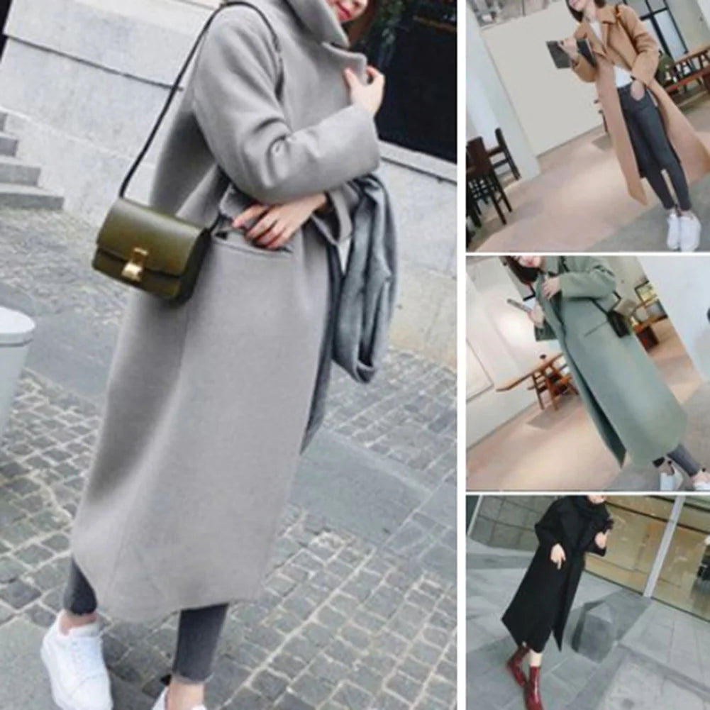 Fashion Women Winter Wool Blends Jacket Coat Midi Length Loose Solid Color Cardigan Pockets Thermal Single Button Lady Overcoat